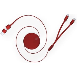A red charging cable with a circular retractable design and dual connectors for versatile compatibility.