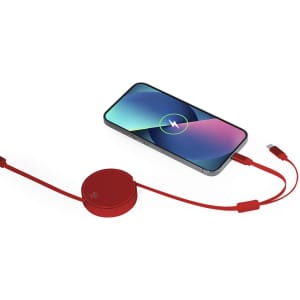 A red charging cable connected to a phone, featuring a sleek round connector and a vibrant, colourful phone display.