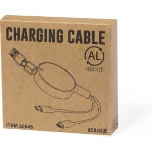 A charging cable in a recycled cardboard box, featuring a blue cable and connectors. The box has a logo.
