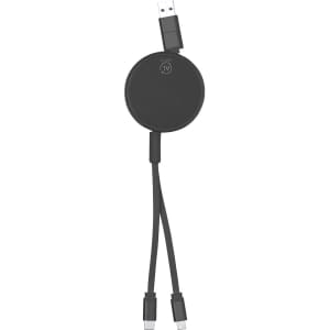 A black charging cable with a circular connector and USB ends, featuring a simple design and logo.
