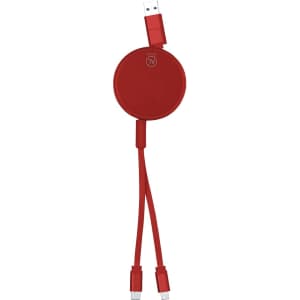 A red charging cable with a circular connector and two outputs, featuring a logo on the surface.