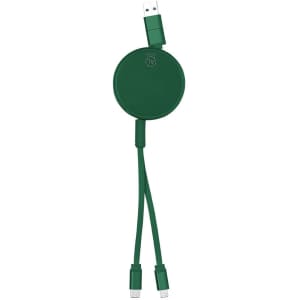 A green charging cable with a circular holder and two connectors. The product features a logo on the holder.