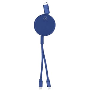 A blue charging cable with a round hub and dual connectors. It features a logo on the surface.