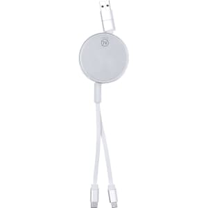 A white charging cable with a circular connector and USB attachment, featuring a logo.