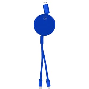 A blue charging cable with a circular design and two connectors, featuring a logo on the surface.