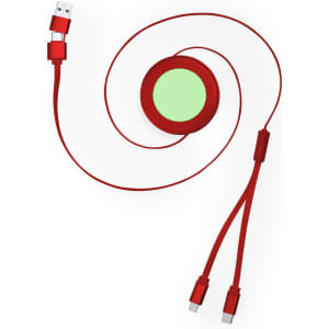 A red charging cable featuring a circular connector, with two ends for different device types and a small logo.