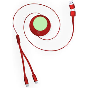 A red charging cable with a circular connector and dual outputs, featuring a logo.