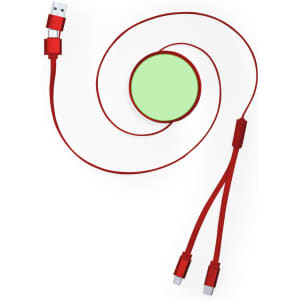 A red charging cable with a round green storage disc, featuring USB and multi-device connectors.