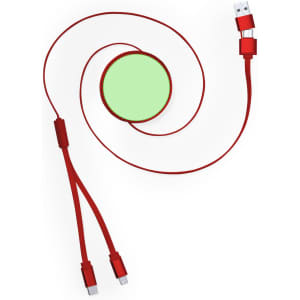 A red charging cable with a circular holder, featuring USB and USB-C connectors. The holder has a green centre.