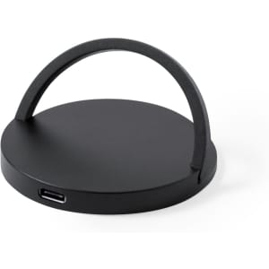 A wireless charger in black, featuring a rounded base and a handle for easy transport. It has a USB-C port.