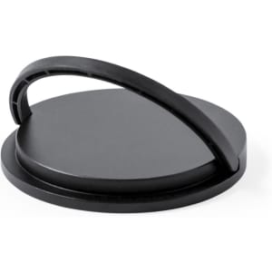 A black wireless charger with a smooth surface and a raised handle. The product features a logo.