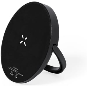 A black wireless charger with a circular design and a built-in stand. It features a branding logo on the surface.
