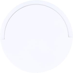 A round, white wireless charger with a smooth surface and a subtle branding logo.