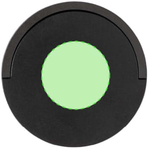 A wireless charger in black with a green charging area and a circular design. It features a logo on the surface.