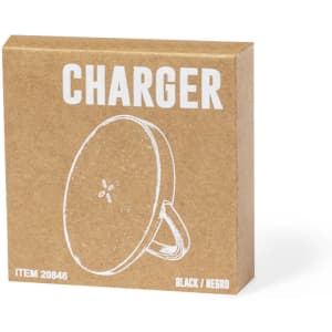 A black wireless charger in a brown cardboard box with a simple design. The box features a logo.