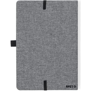 A grey notepad with a textured fabric cover and an elastic closure, featuring a logo at the bottom.