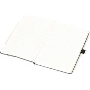 A grey notepad with an elastic band, featuring blank lined pages inside. It has a logo on the cover.