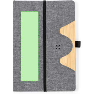 A grey notepad with a wooden accent, featuring a green section and a black elastic band. It also has a logo on the cover.