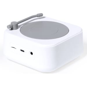 A white speaker with a grey circular top and a stylus-like handle, featuring ports on the side.