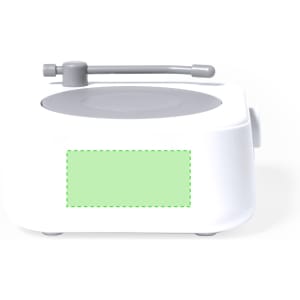 A white speaker with a grey top and an adjustable handle, featuring a blank area for branding.