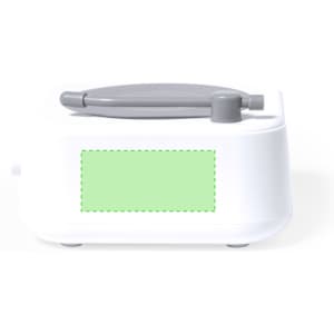 A white speaker with a grey top, featuring a placeholder for branding or text.