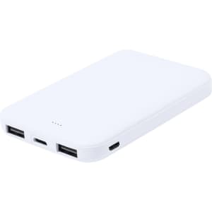 A white power bank with two USB ports and a USB-C port, featuring a smooth, sleek design and a logo.