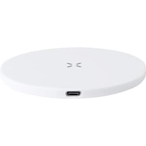 A white wireless charger with a circular design and a USB-C port. It features a logo on top.