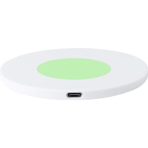 A wireless charger in white with a green charging area and a USB-C port on one side.