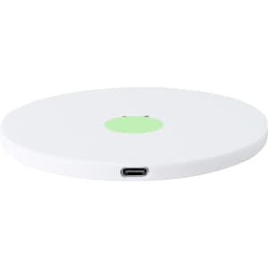 A wireless charger in white with a green logo and a USB-C port on the side.