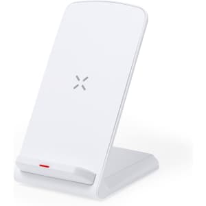A wireless charger in white with a sleek, upright design and a small branding logo on the front.