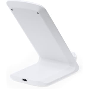 A white wireless charger with a sleek, angled design and a USB-C port at the base. It features a branding logo.