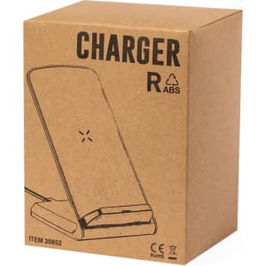 A wireless charger in a rectangular box featuring a simple design and a logo. The charger is white with a dark base.