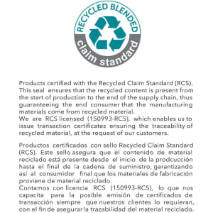 A certification seal for recycled materials, featuring a green recycling symbol and text about standards for recycled content.