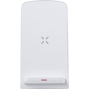 A white wireless charger with a small stand and a red accent at the base, featuring a logo on the front.