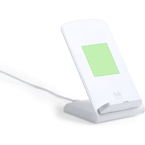 A wireless charger in white, featuring a vertical stand and a charging pad with a green indicator area.