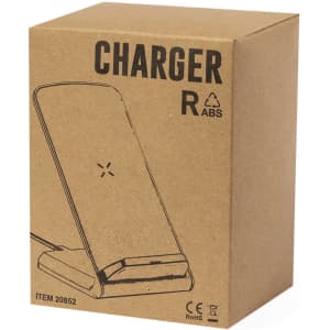 A brown box containing a wireless charger, featuring a sleek design and an outline illustration on the front.