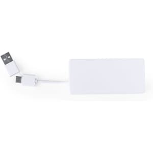 A white USB hub with two attached cables, featuring a minimalistic design. It has a logo on the side.