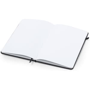 An open black notebook featuring blank white pages and a ribbon bookmark.