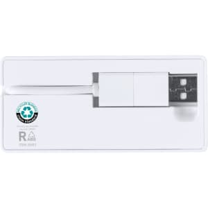 A white USB hub with a compact design and a logo. Features a standard USB connector for devices.