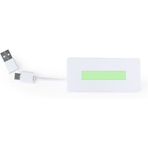 A white USB hub with a cable, featuring a rectangular area and a logo.