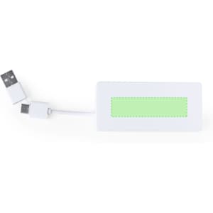 A white USB hub with a green accent and two attached USB cables. It features a branding logo.