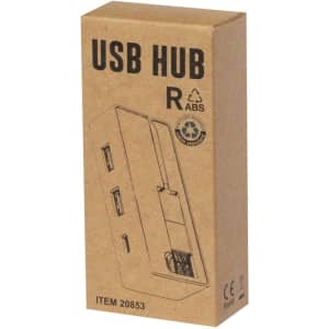 A USB hub packaged in a cardboard box, featuring multiple USB ports and a logo. The packaging is brown.