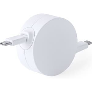 A white charging cable with a round design featuring USB-C connectors on both ends and a logo.