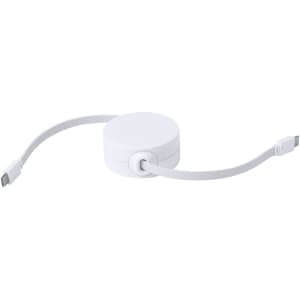 A white charging cable with a compact, circular design and two attached connectors. Features a logo on the surface.