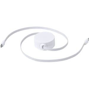A white retractable charging cable with a circular holder, featuring a logo on the holder.