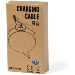 A brown cardboard box containing a circular charging cable with a plug illustration. Includes a logo on the packaging.