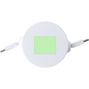 A circular white charging cable with dual ends, featuring a minimalistic design and a placeholder area.