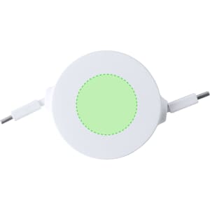 A white Zapa RCS charging cable with a circular design and a green centre, featuring grey connectors on both ends.