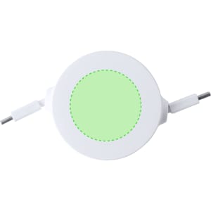 A circular white charging cable with green accents and dual connectors on either side.
