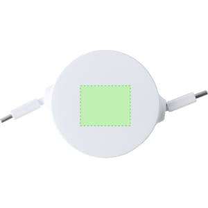 A white round charging cable with two connectors, featuring a green highlighted area in the centre.